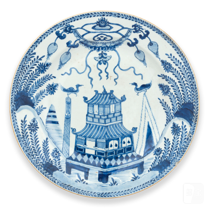 清康熙 青花亭臺圖盤 | A LARGE BLUE AND WHITE 'PAVILION' DISH - 图3